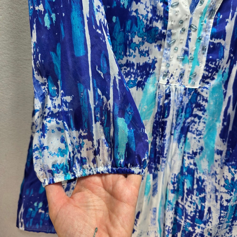 Soft Surroundings Abstract All Silk Beaded Tunic Blouse Womens M Sheer Blue New - Picture 6 of 13